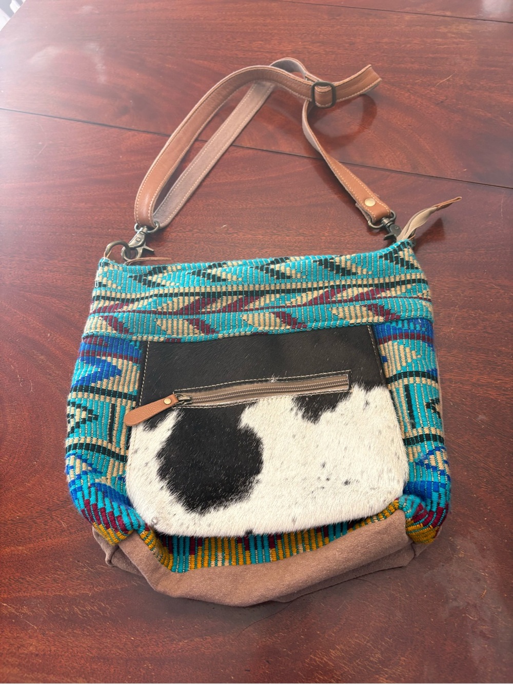 Myra Bag Turquoise Patterned Crossbody with Black-and-White Cowhide Pocket